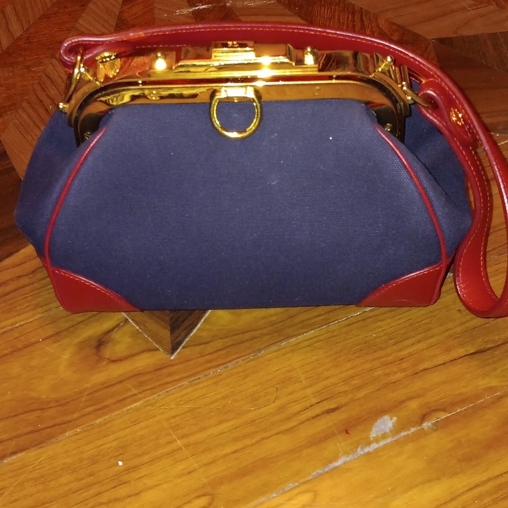 NWOT RALPH LAUREN RED LEATHER/NAVY FABRIC HANDBAG
